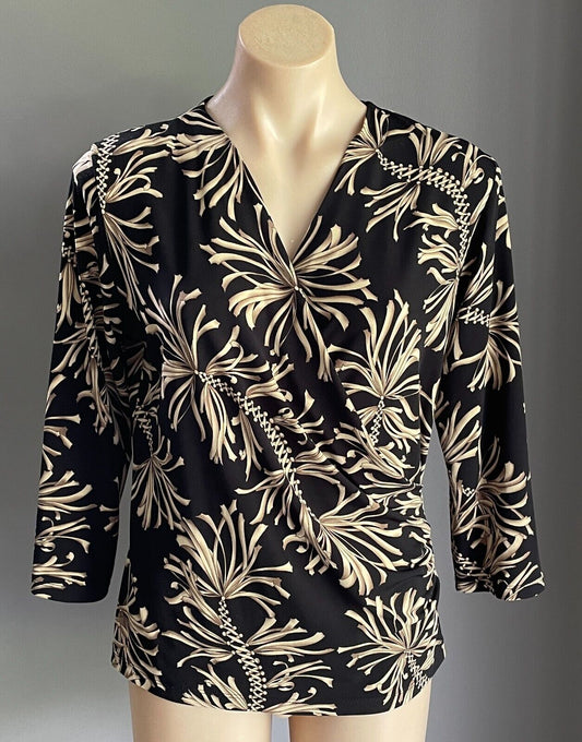 LA VOCA Wrap Top Black Beige Gold Print Blouse 3/4 Sleeve Stretch Size M 12 NEW