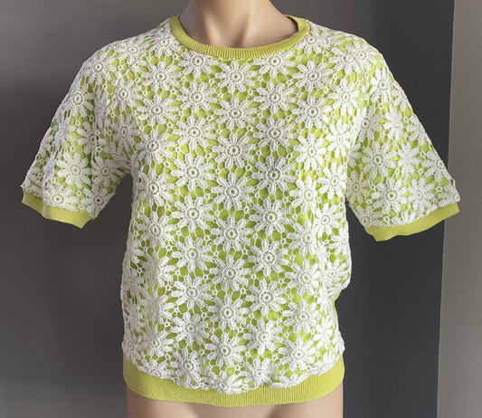 AERO Top Lime Green & White Lace Short Sleeve Size XS 10 1960s Vibe NEW