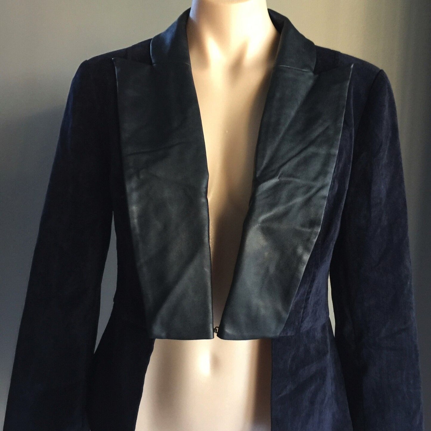 MINTY MEETS MUNT Jacket Collar Navy Suede Look & Black Pleather Size L 12