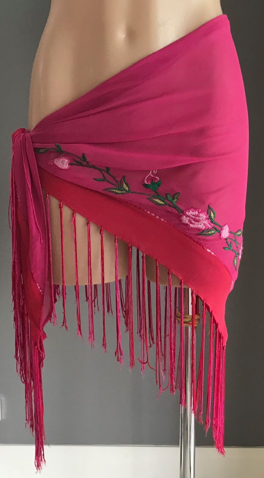 ACCESSORIZE Shawl Wrap Pink Red Floral Embroidered w Fringe Hem One Size 8 - 12