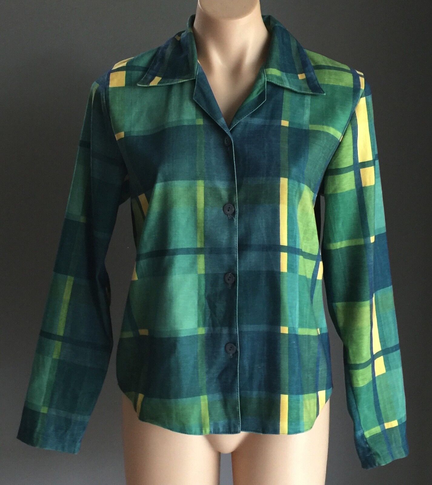 Shirt Green Shades & Yellow Check Print Long Sleeve Collar Ladies Size S 10 NEW