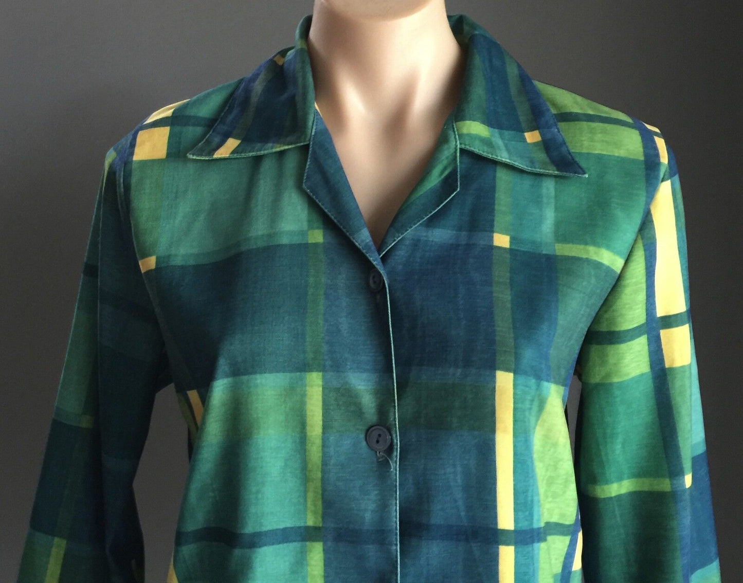 Shirt Green Shades & Yellow Check Print Long Sleeve Collar Ladies Size S 10 NEW
