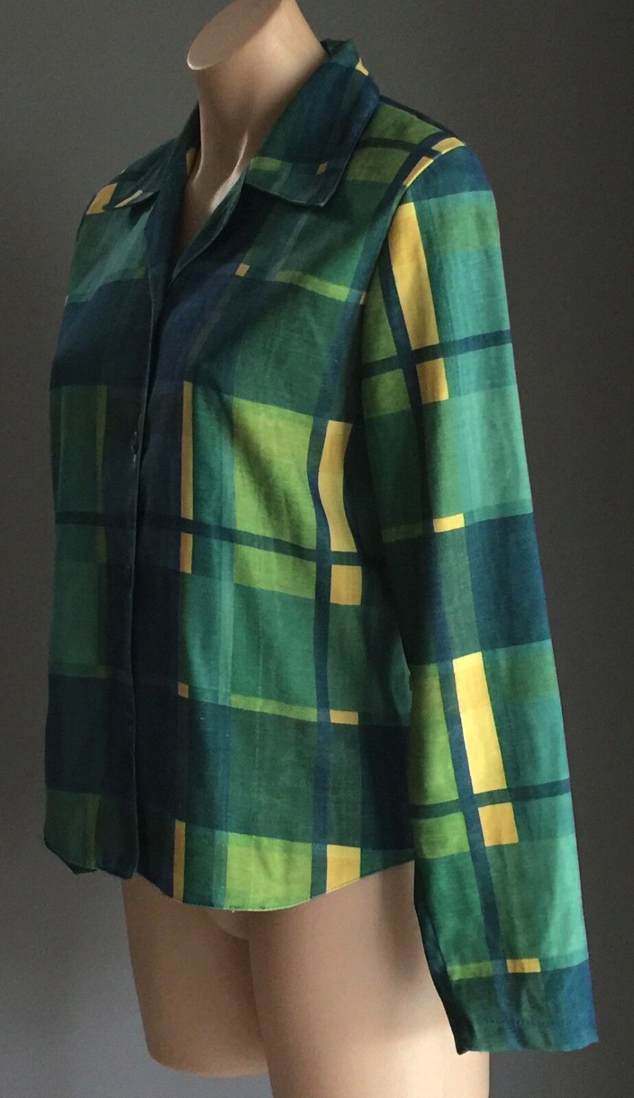 Shirt Green Shades & Yellow Check Print Long Sleeve Collar Ladies Size S 10 NEW