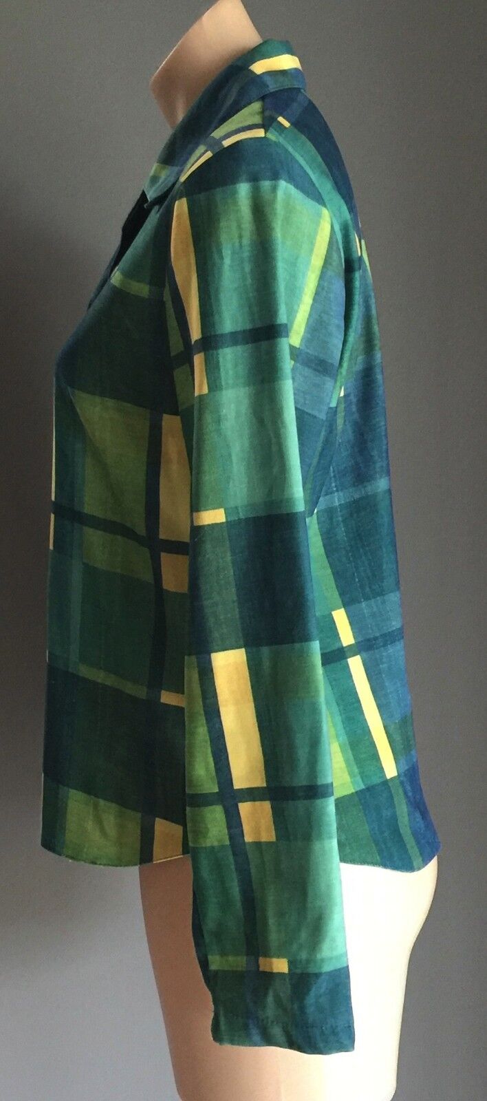 Shirt Green Shades & Yellow Check Print Long Sleeve Collar Ladies Size S 10 NEW