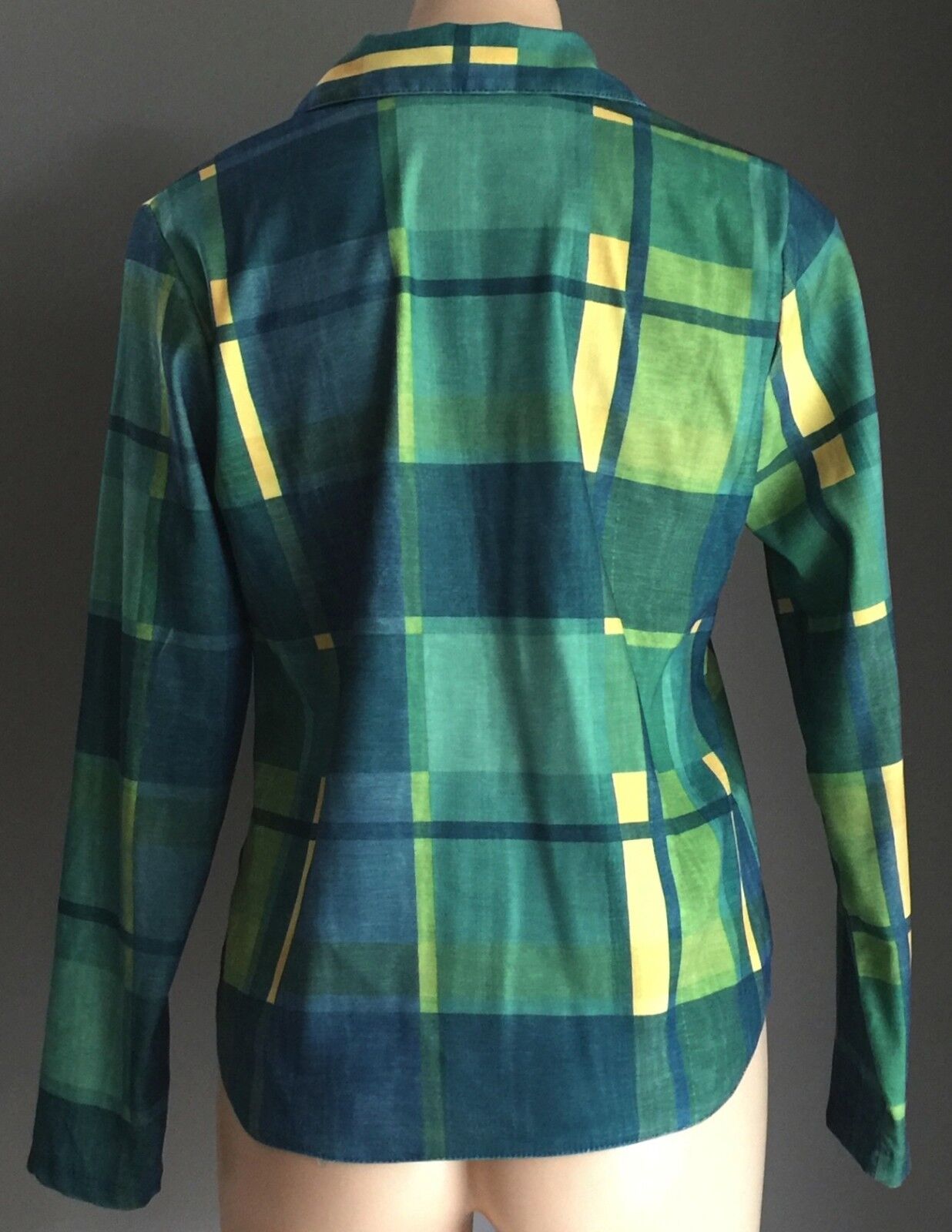 Shirt Green Shades & Yellow Check Print Long Sleeve Collar Ladies Size S 10 NEW
