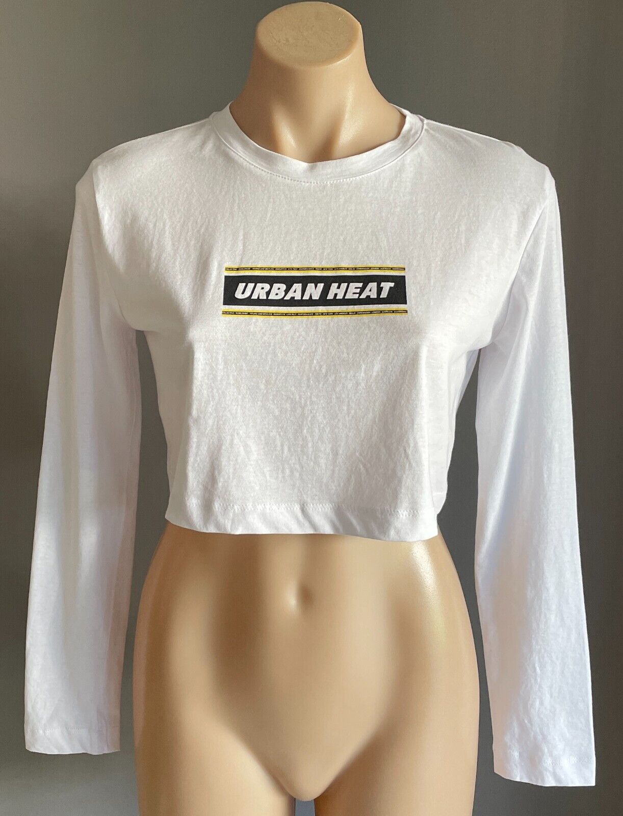 TBAR LIMITED Crop Top White Long Sleeve " Urban Heat " Front Size XS 10 NEW