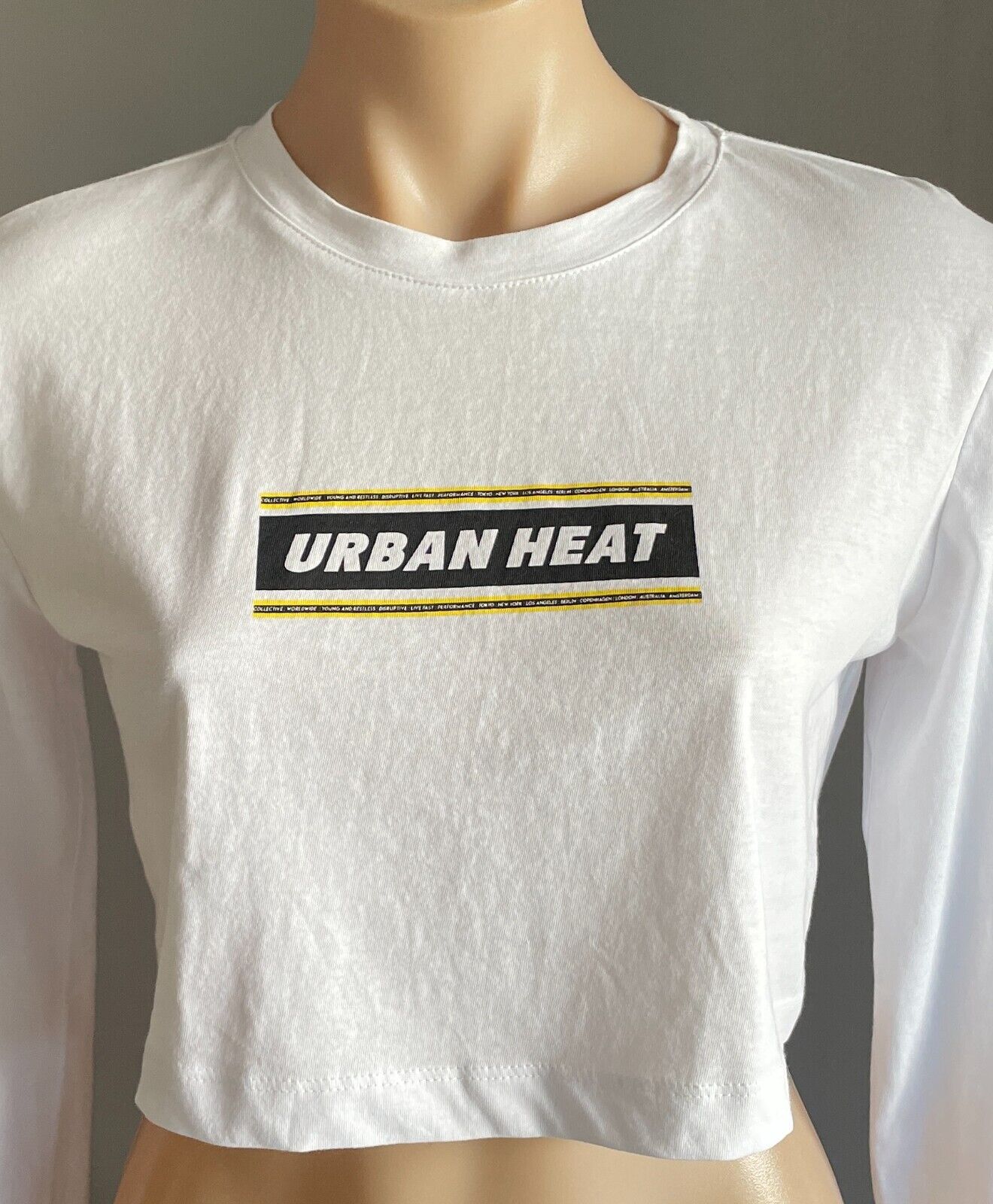 TBAR LIMITED Crop Top White Long Sleeve " Urban Heat " Front Size XS 10 NEW
