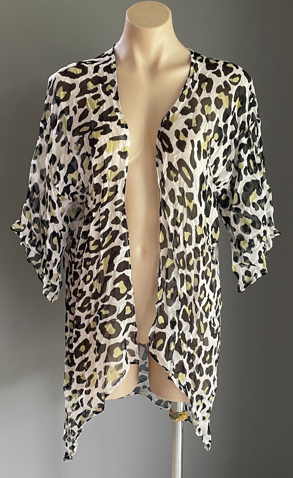 CAROLINA Kimono Top White Black Khaki Leopard Crinkle Semi Sheer Open Size 10 12