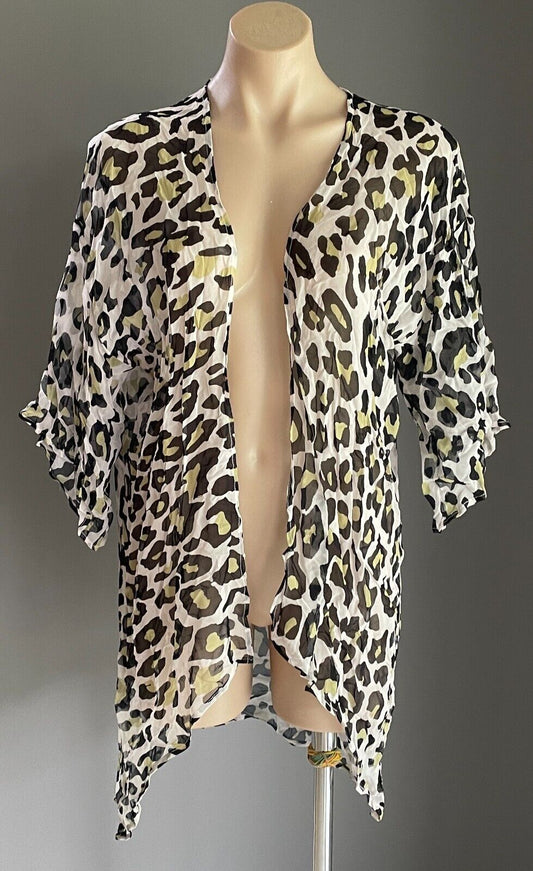 CAROLINA Kimono Top White Black Khaki Leopard Crinkle Semi Sheer Open Size 10 12