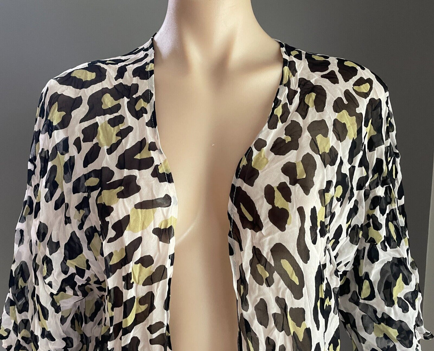 CAROLINA Kimono Top White Black Khaki Leopard Crinkle Semi Sheer Open Size 10 12