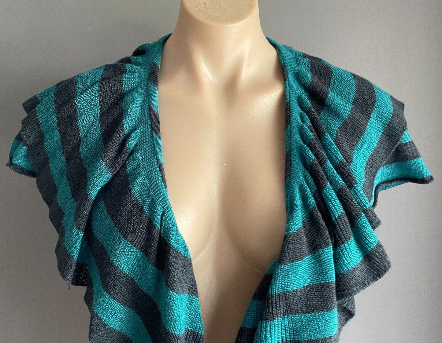 RED BERRY Cardi Bolero Ruffle Trim Knit Teal Black Stripe Cap Sleeves Size M 12