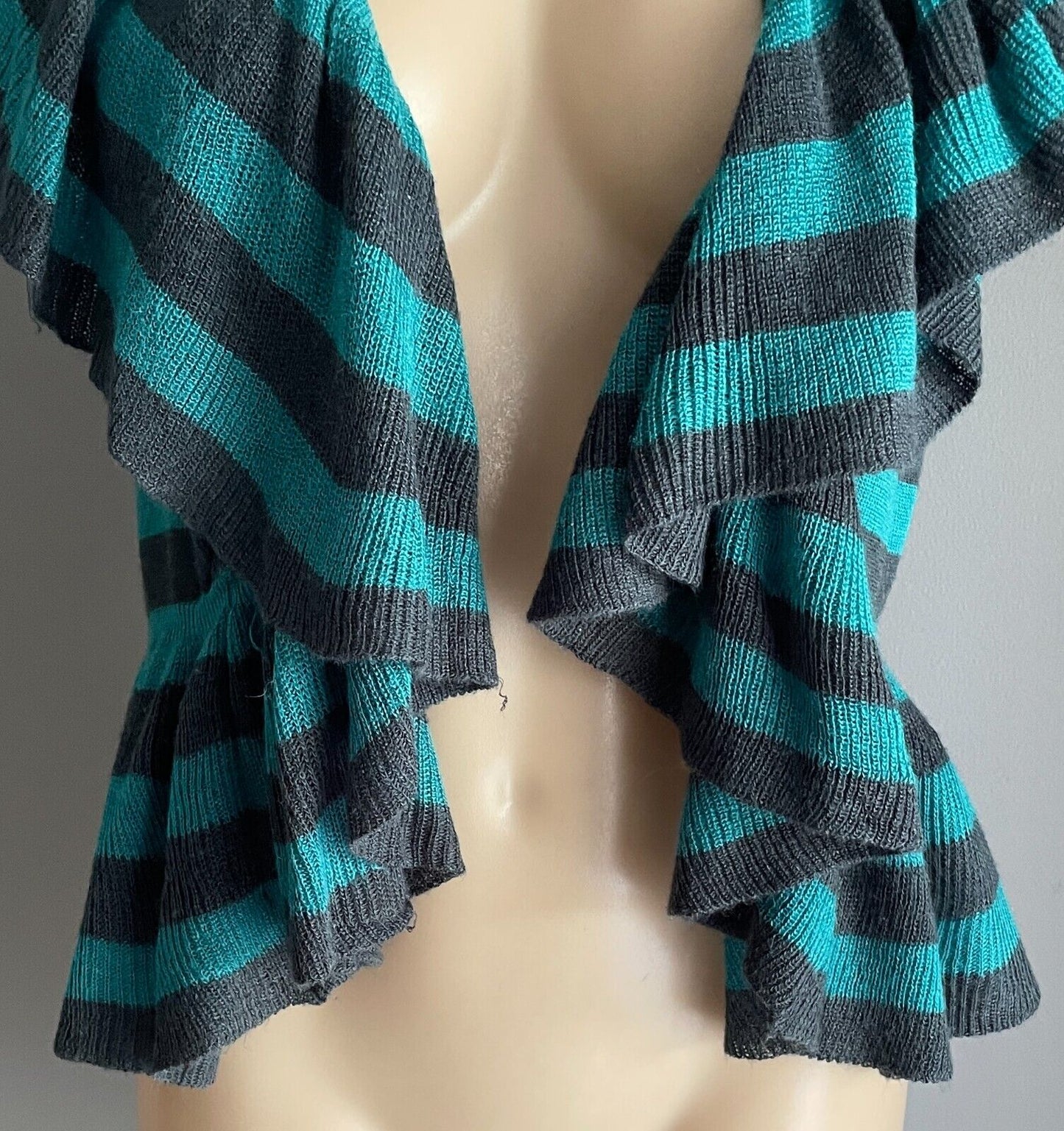 RED BERRY Cardi Bolero Ruffle Trim Knit Teal Black Stripe Cap Sleeves Size M 12