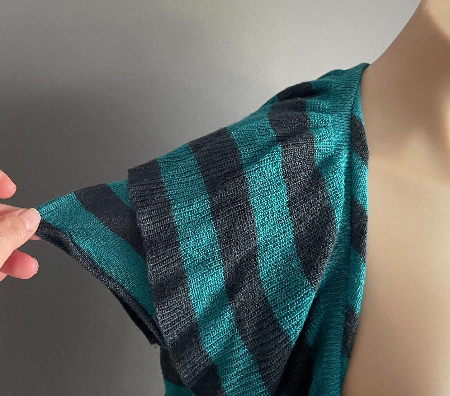 RED BERRY Cardi Bolero Ruffle Trim Knit Teal Black Stripe Cap Sleeves Size M 12
