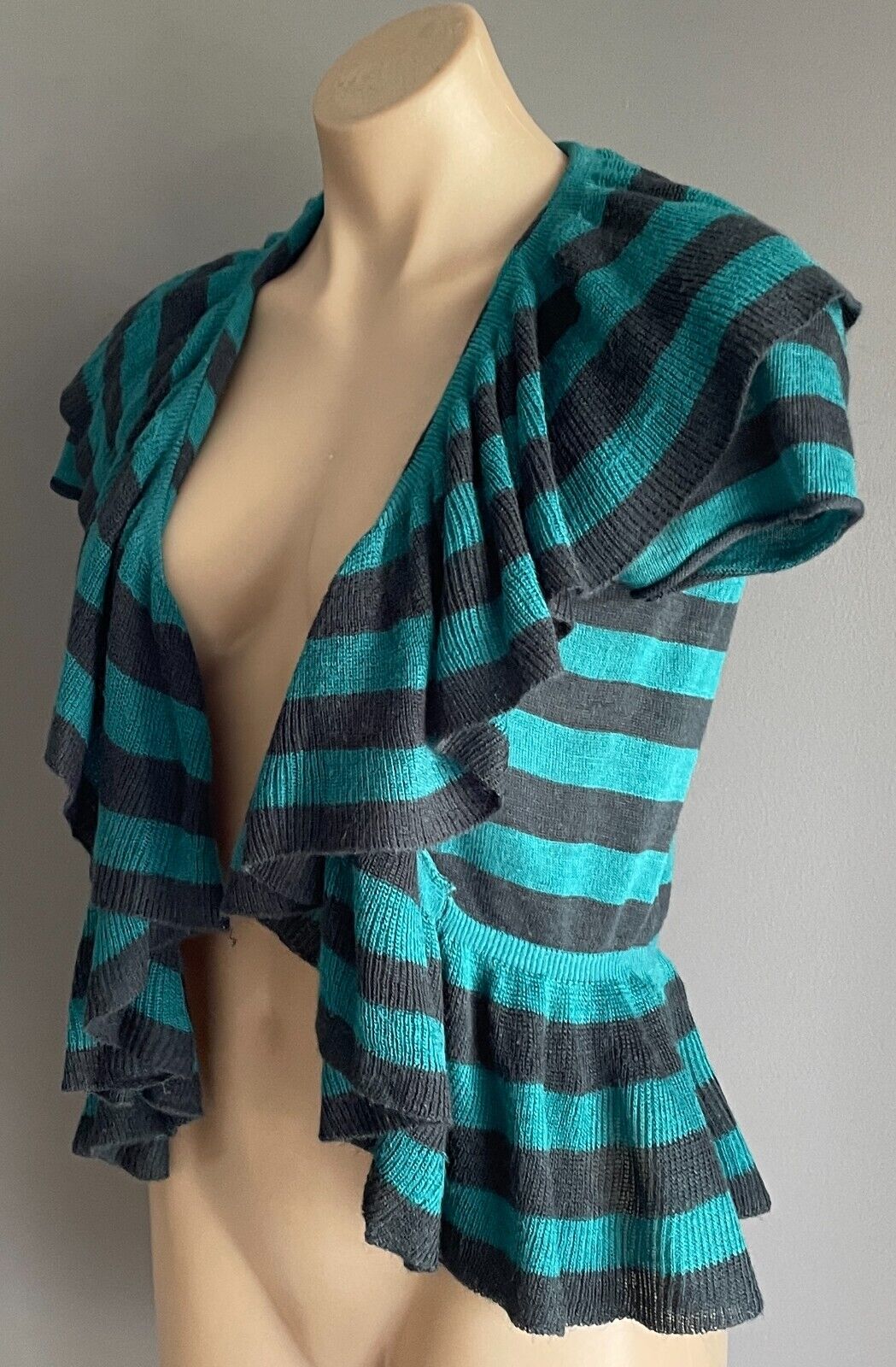 RED BERRY Cardi Bolero Ruffle Trim Knit Teal Black Stripe Cap Sleeves Size M 12