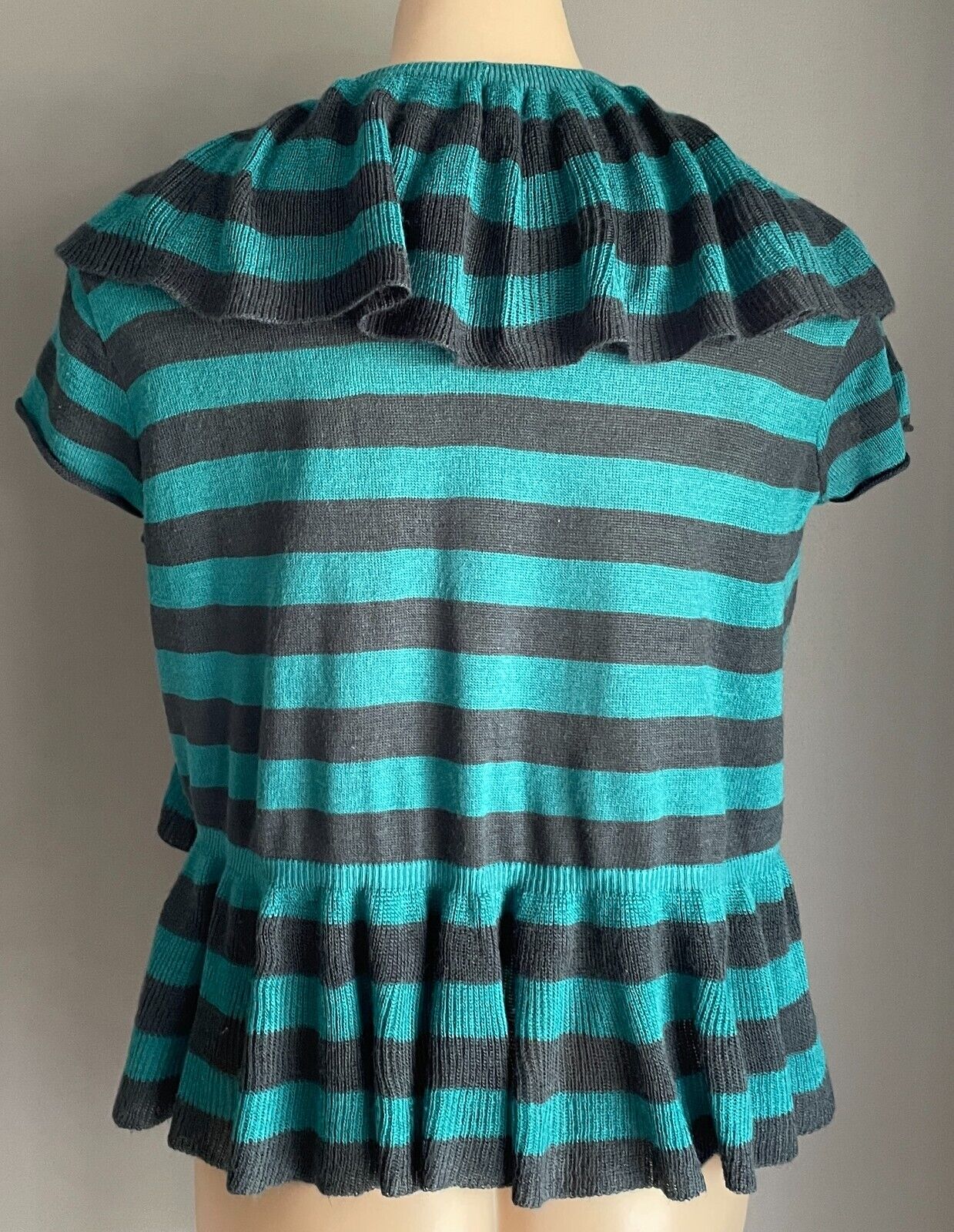 RED BERRY Cardi Bolero Ruffle Trim Knit Teal Black Stripe Cap Sleeves Size M 12