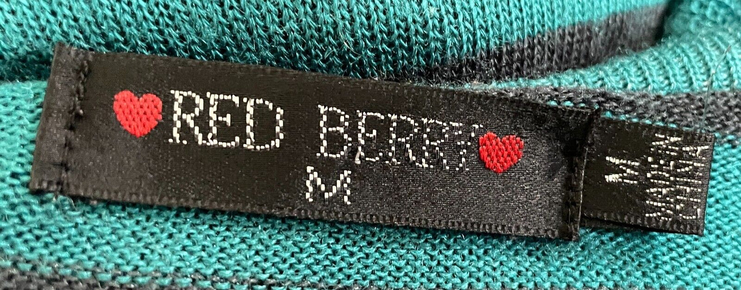 RED BERRY Cardi Bolero Ruffle Trim Knit Teal Black Stripe Cap Sleeves Size M 12