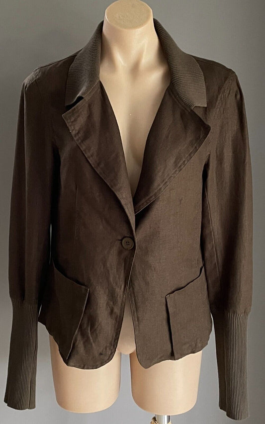 WITCHERY Jacket Khaki Linen Lightweight Sze L 14 Unlined Long Sleeve Rib Collar