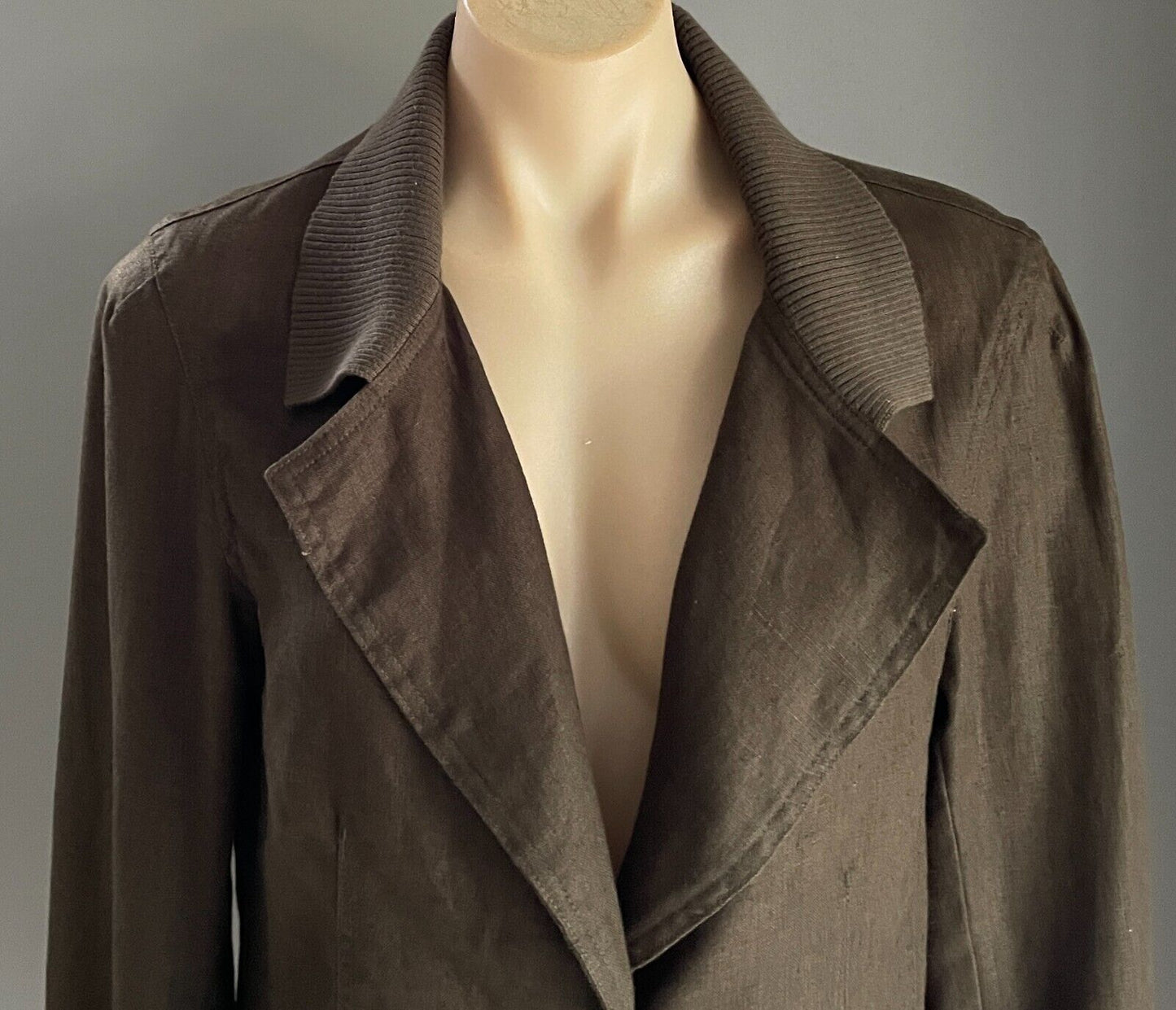 WITCHERY Jacket Khaki Linen Lightweight Sze L 14 Unlined Long Sleeve Rib Collar