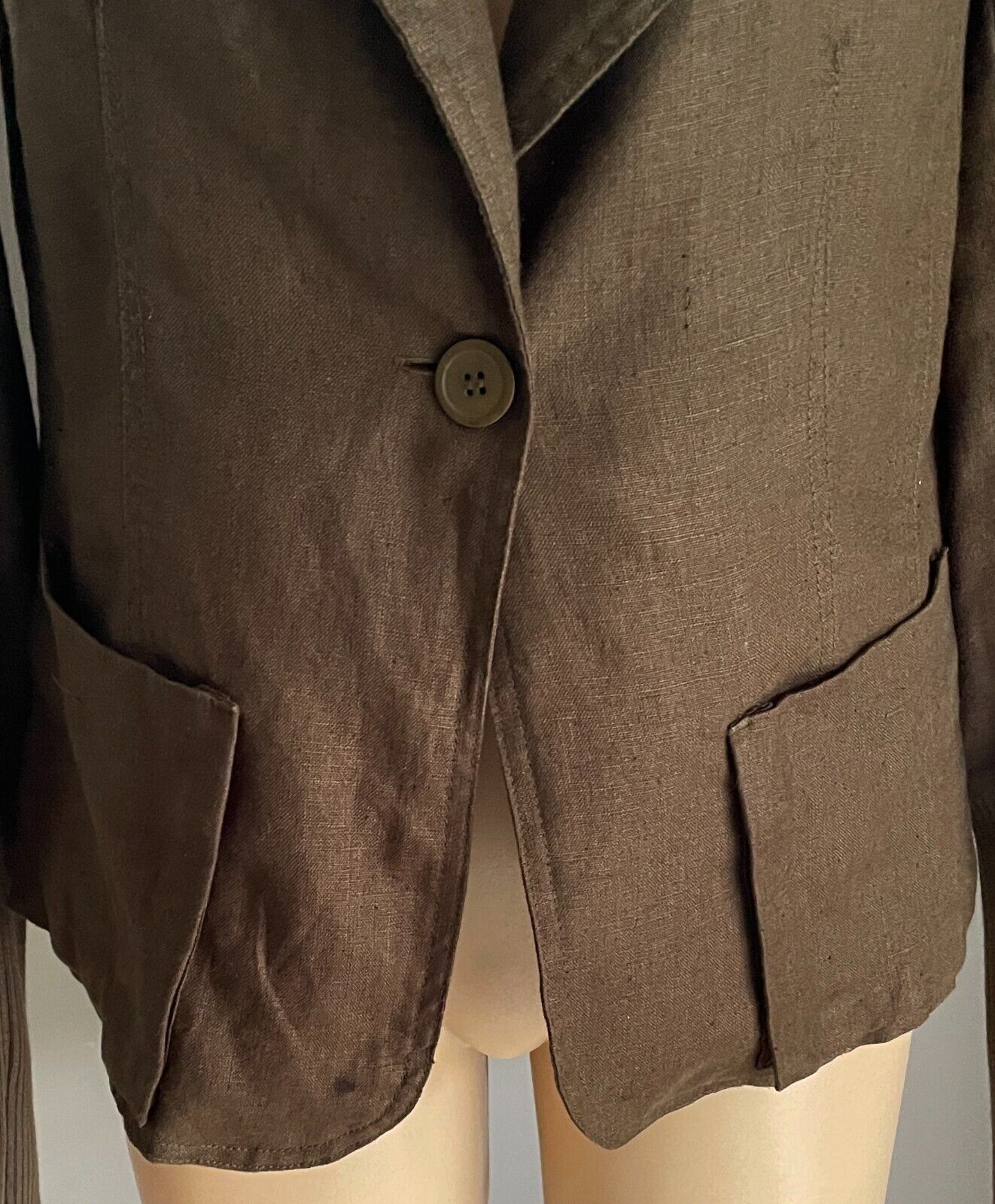 WITCHERY Jacket Khaki Linen Lightweight Sze L 14 Unlined Long Sleeve Rib Collar