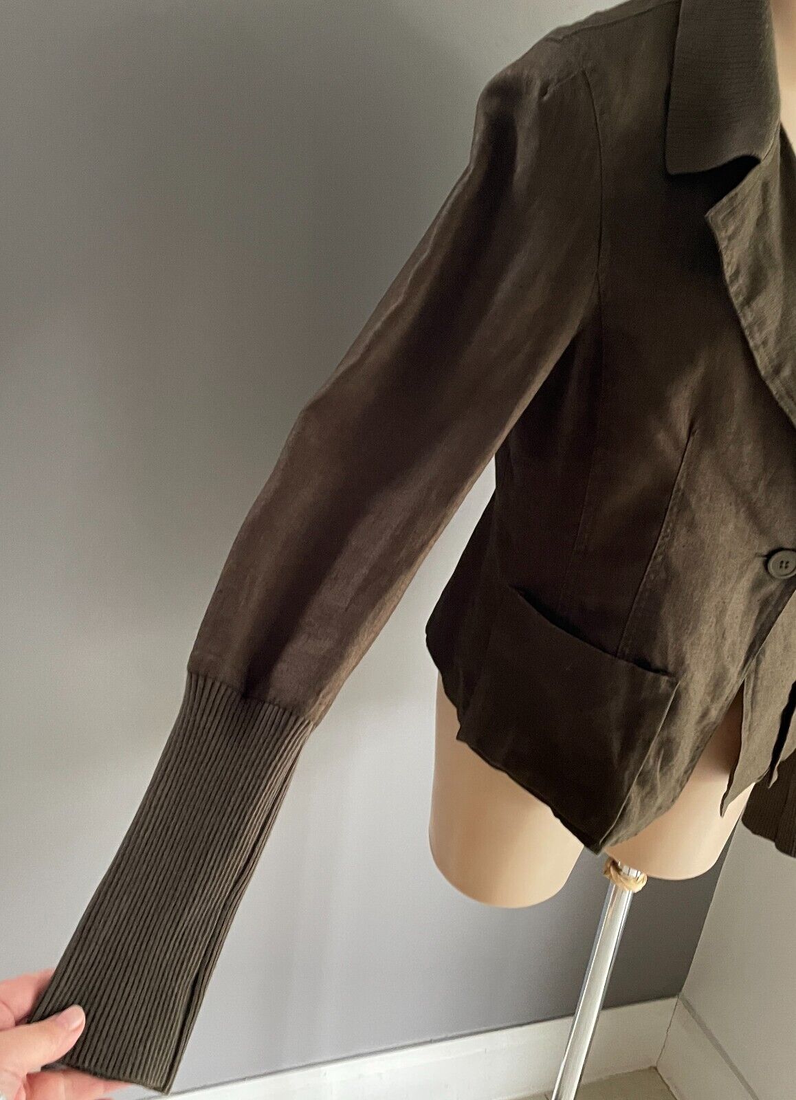 WITCHERY Jacket Khaki Linen Lightweight Sze L 14 Unlined Long Sleeve Rib Collar