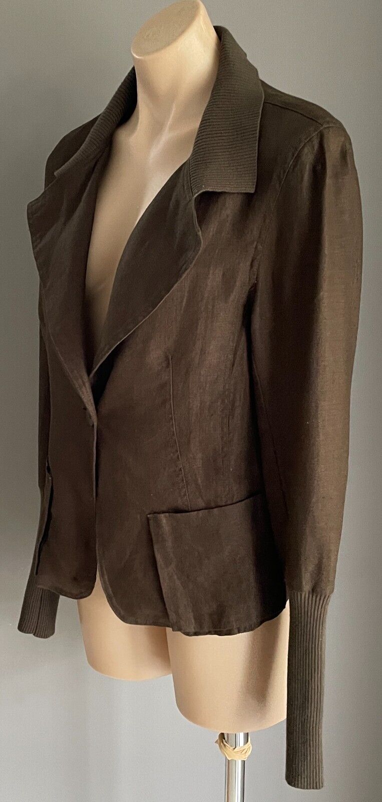WITCHERY Jacket Khaki Linen Lightweight Sze L 14 Unlined Long Sleeve Rib Collar