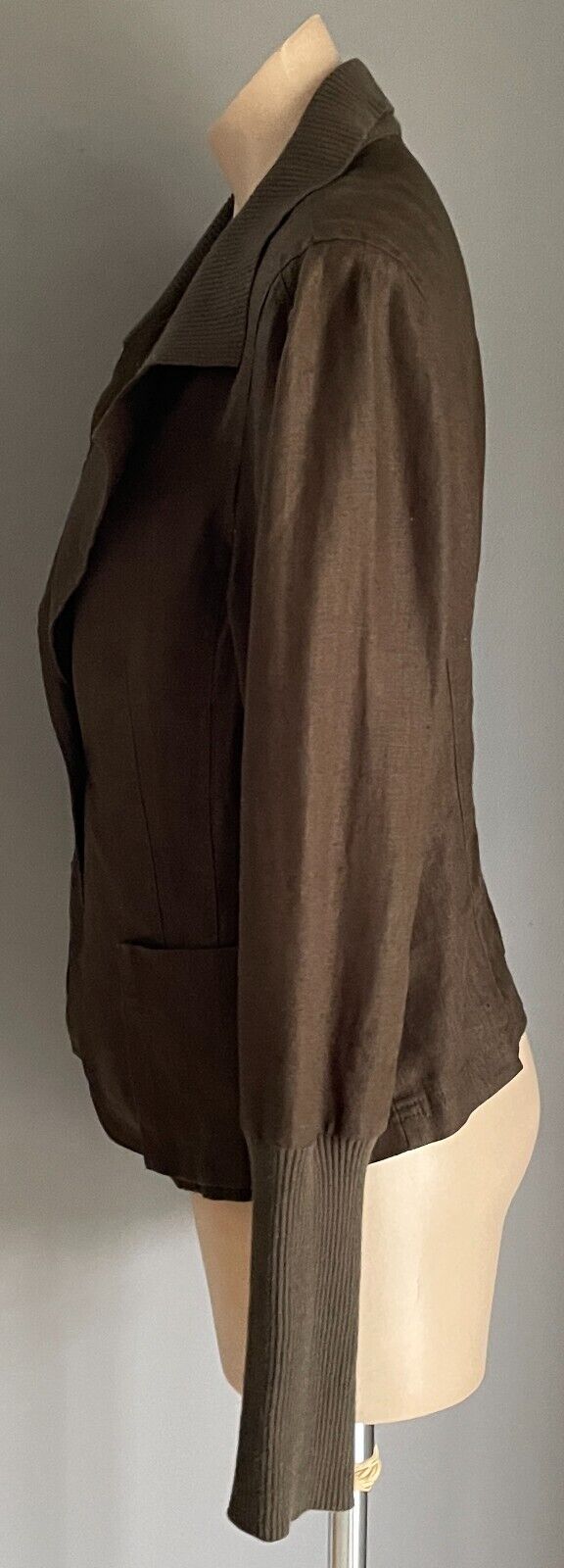 WITCHERY Jacket Khaki Linen Lightweight Sze L 14 Unlined Long Sleeve Rib Collar