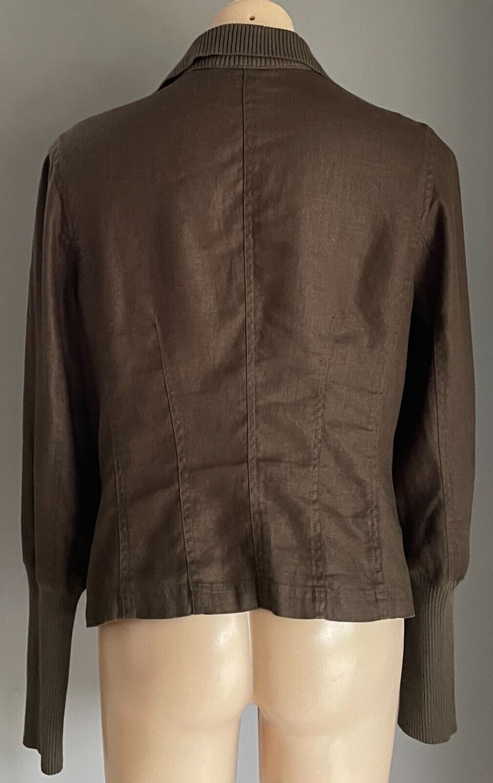 WITCHERY Jacket Khaki Linen Lightweight Sze L 14 Unlined Long Sleeve Rib Collar