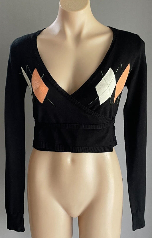 MOROCCA Black Wrap Knit Top Cardigan Size M 12 Long Sleeve Argyle Stretch Crop