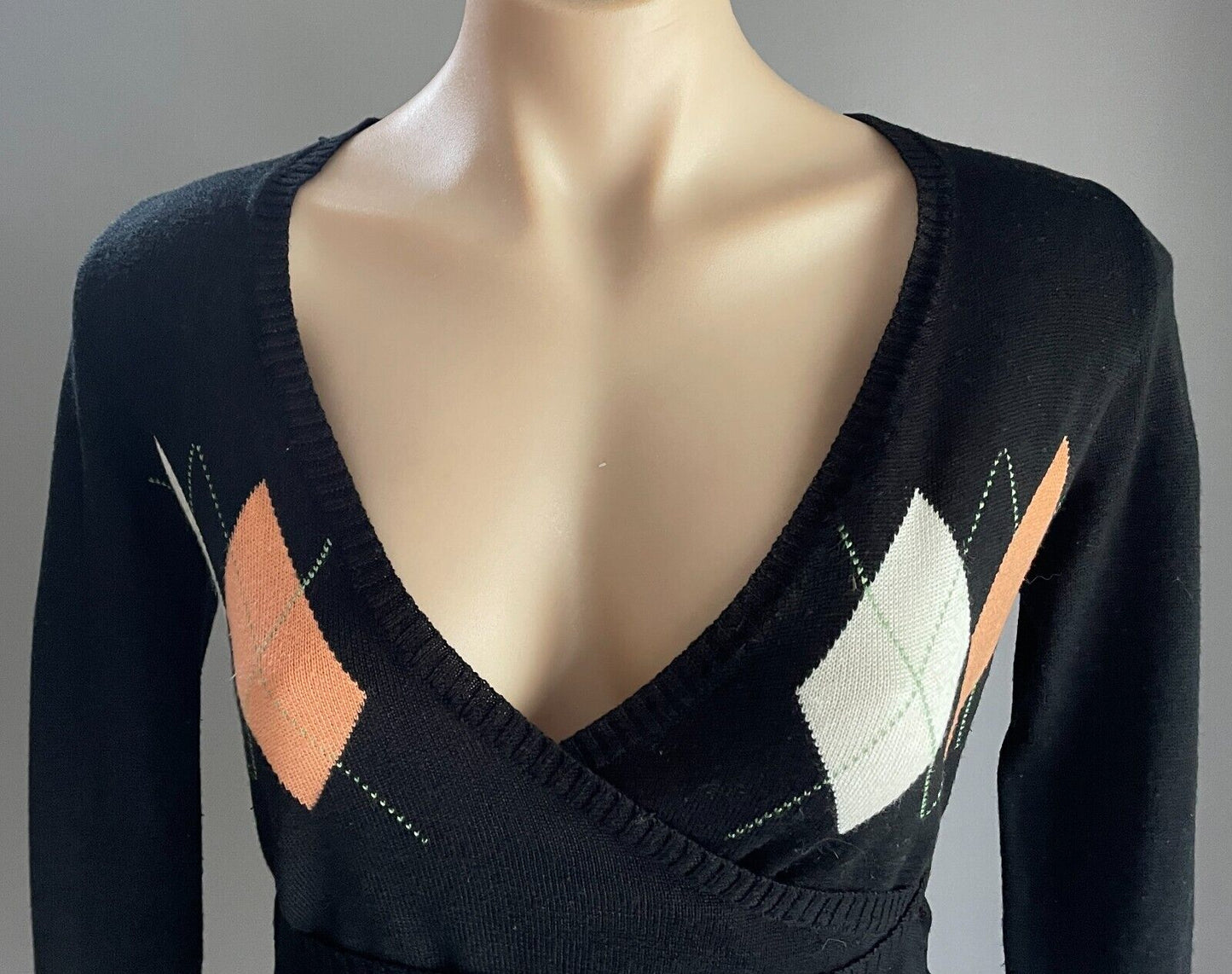 MOROCCA Black Wrap Knit Top Cardigan Size M 12 Long Sleeve Argyle Stretch Crop