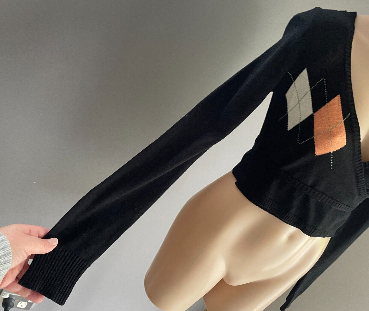 MOROCCA Black Wrap Knit Top Cardigan Size M 12 Long Sleeve Argyle Stretch Crop