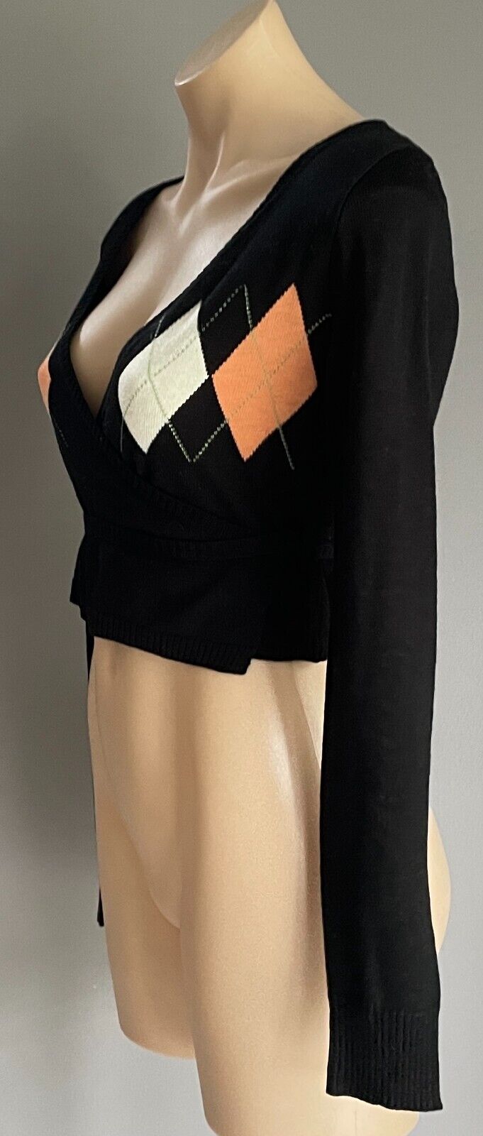 MOROCCA Black Wrap Knit Top Cardigan Size M 12 Long Sleeve Argyle Stretch Crop