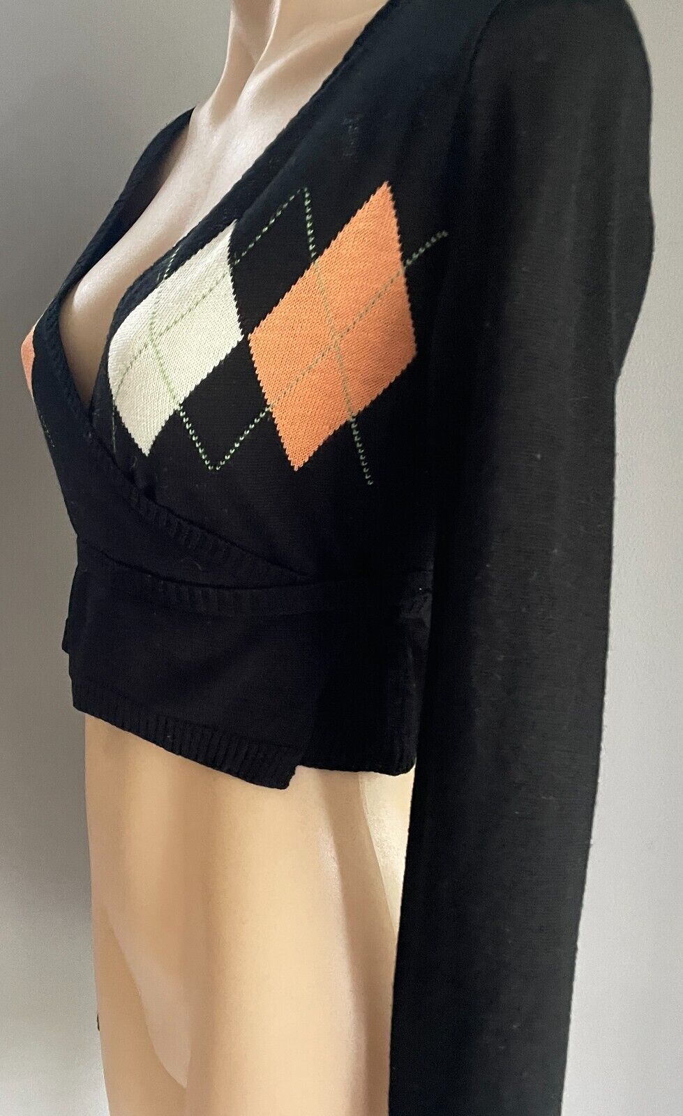 MOROCCA Black Wrap Knit Top Cardigan Size M 12 Long Sleeve Argyle Stretch Crop