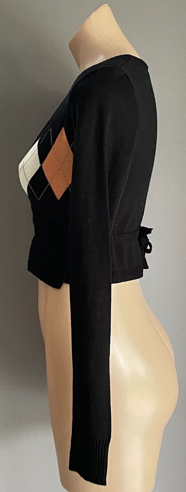 MOROCCA Black Wrap Knit Top Cardigan Size M 12 Long Sleeve Argyle Stretch Crop