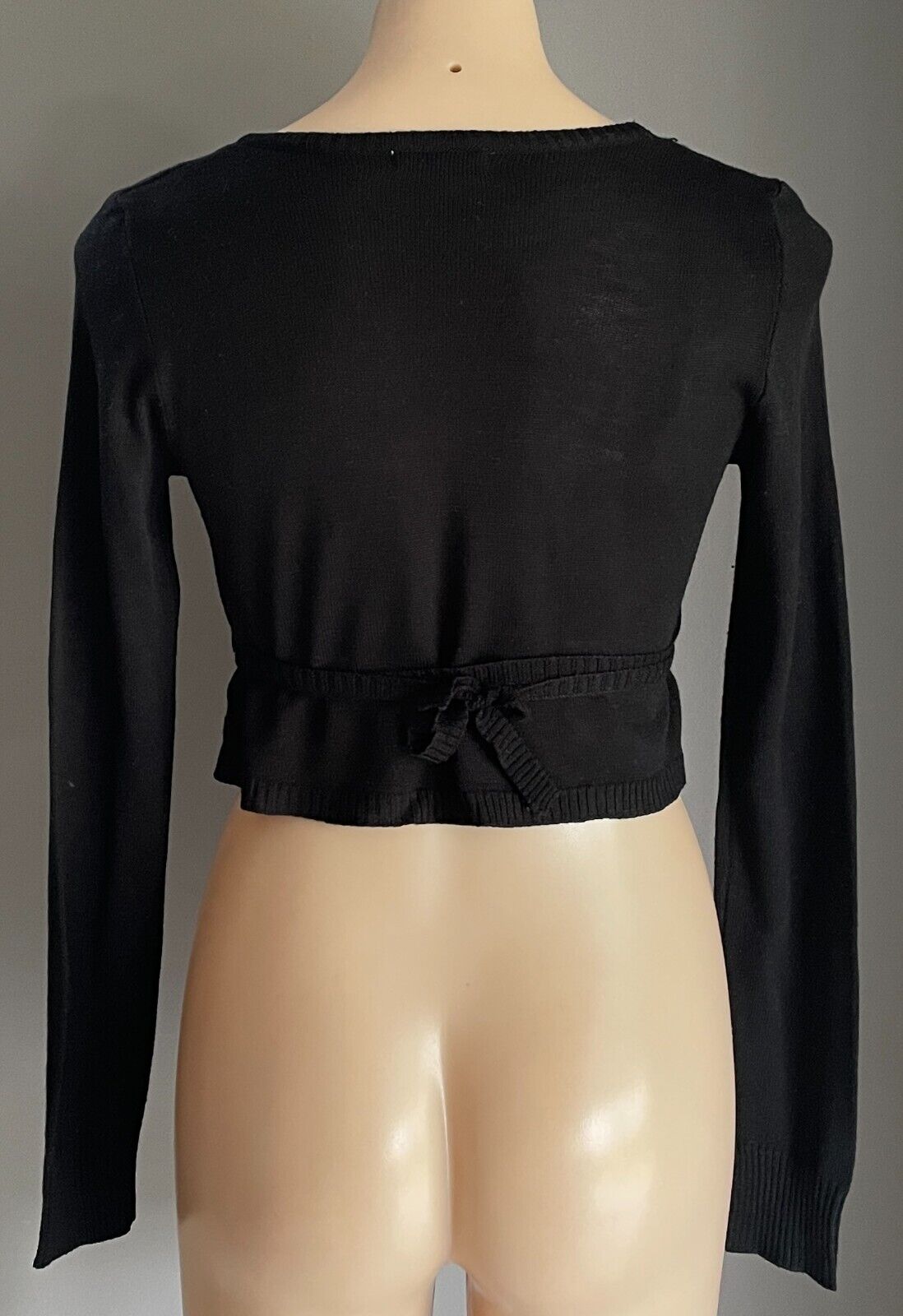MOROCCA Black Wrap Knit Top Cardigan Size M 12 Long Sleeve Argyle Stretch Crop