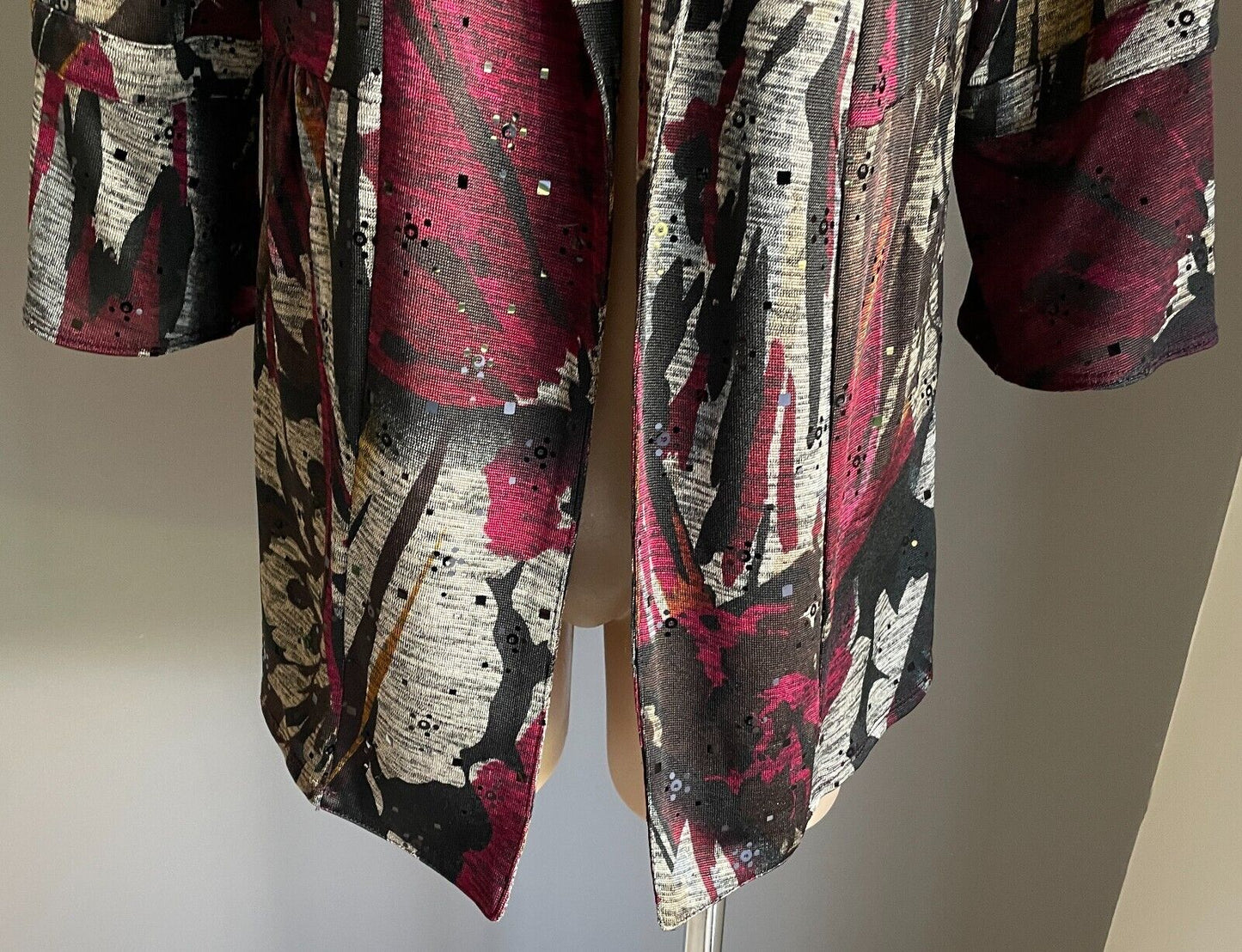 PICADILLY by FELLA HAMILTON Jacket Open Print Mesh Sequin 3/4 Sleeve Sz L 14 NEW