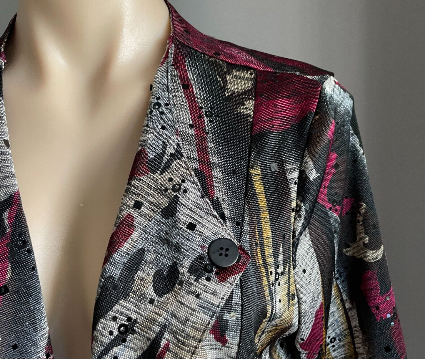 PICADILLY by FELLA HAMILTON Jacket Open Print Mesh Sequin 3/4 Sleeve Sz L 14 NEW