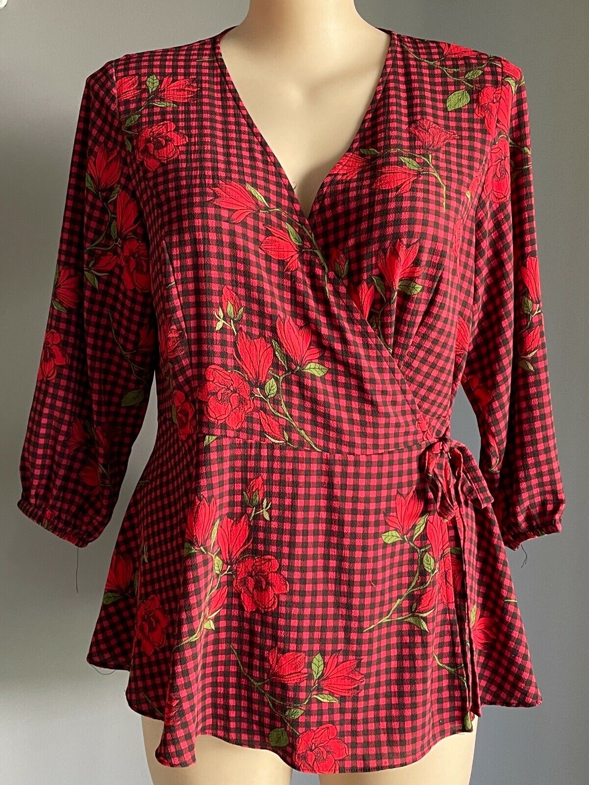 CITY CHIC Top Red Black Green Check Floral Side Tie Blouse Plus Size S 18 20