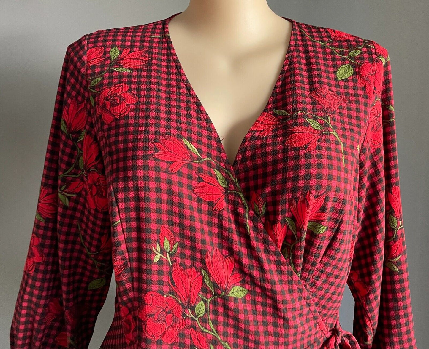 CITY CHIC Top Red Black Green Check Floral Side Tie Blouse Plus Size S 18 20
