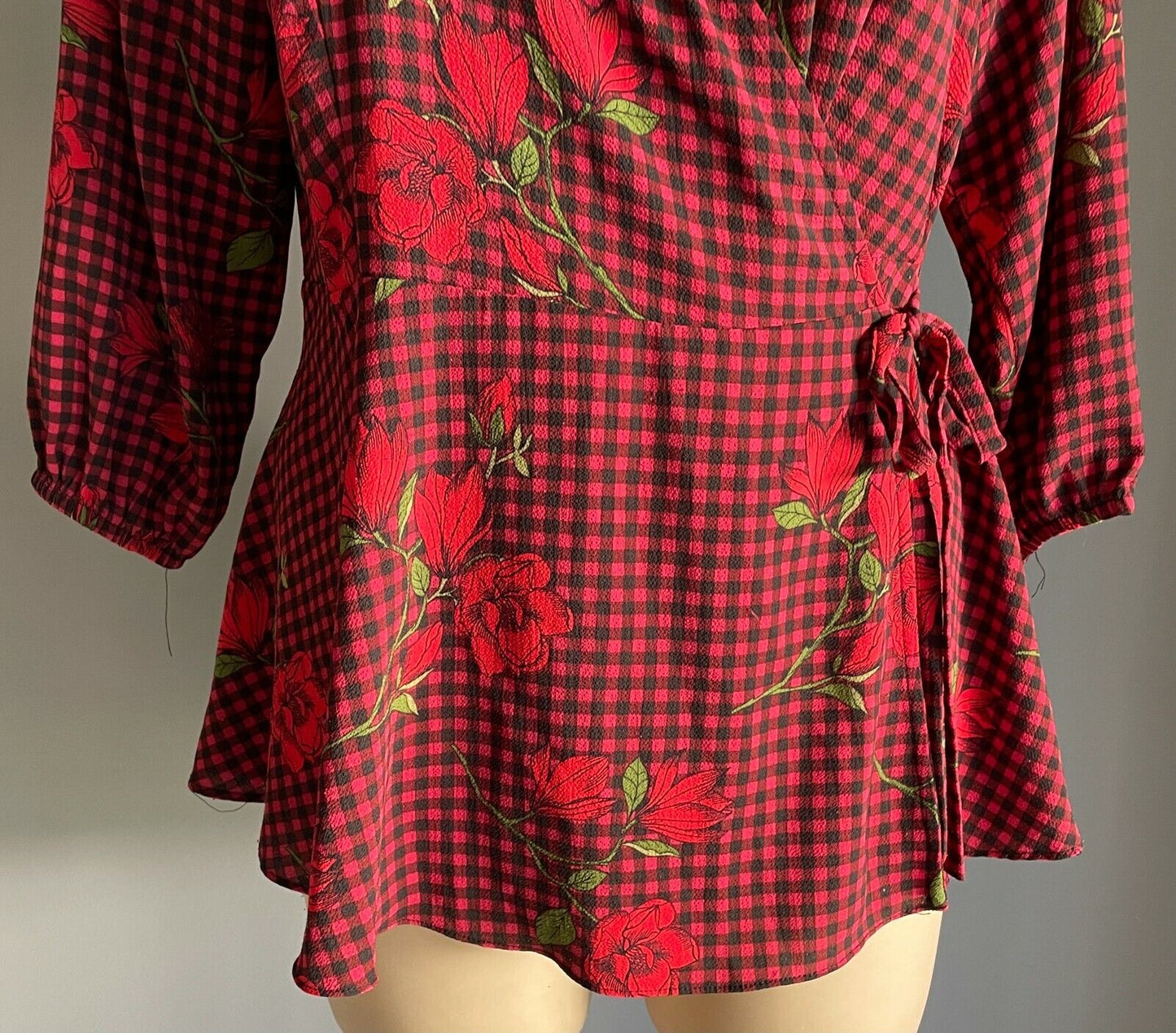 CITY CHIC Top Red Black Green Check Floral Side Tie Blouse Plus Size S 18 20