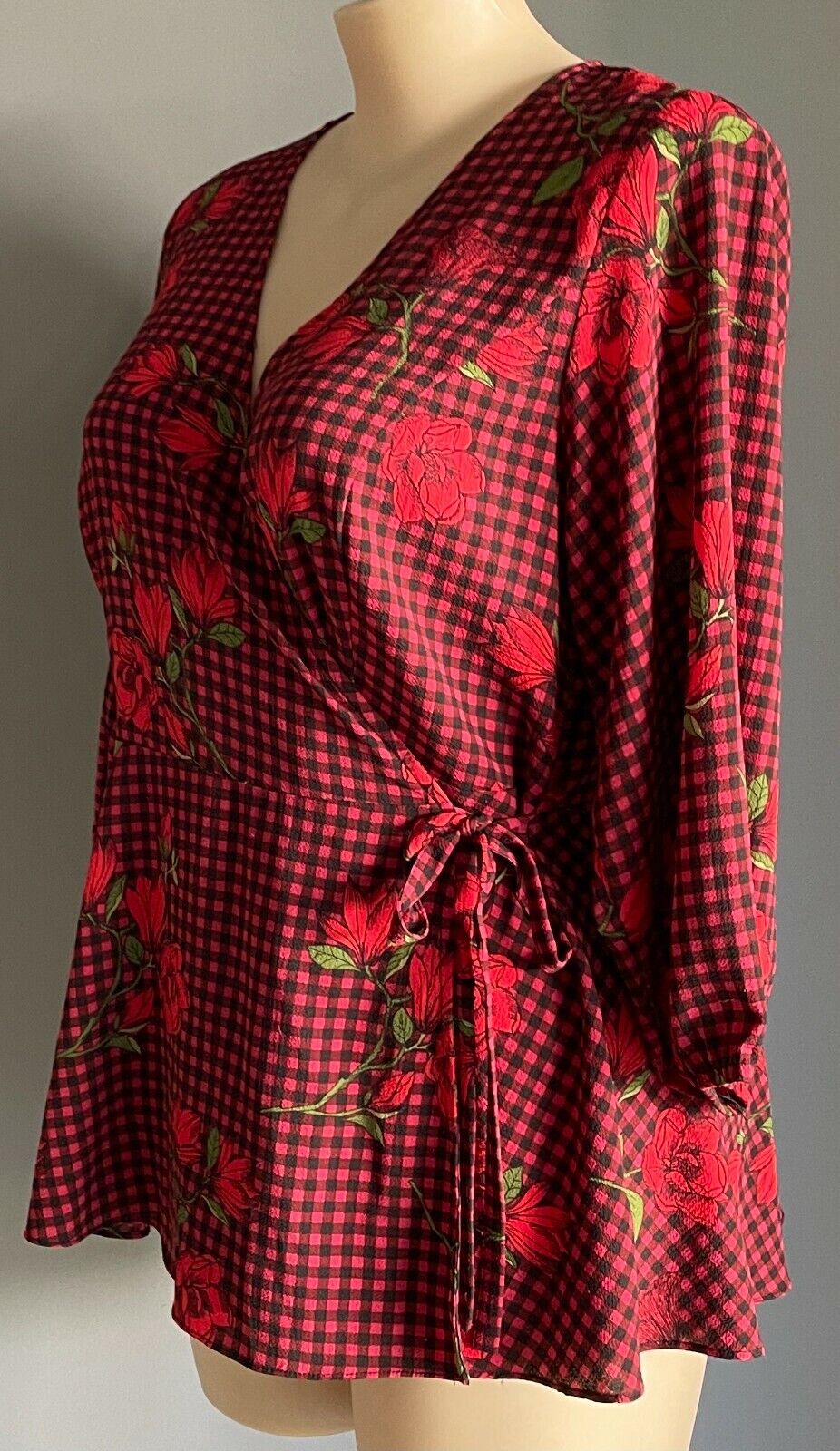 CITY CHIC Top Red Black Green Check Floral Side Tie Blouse Plus Size S 18 20