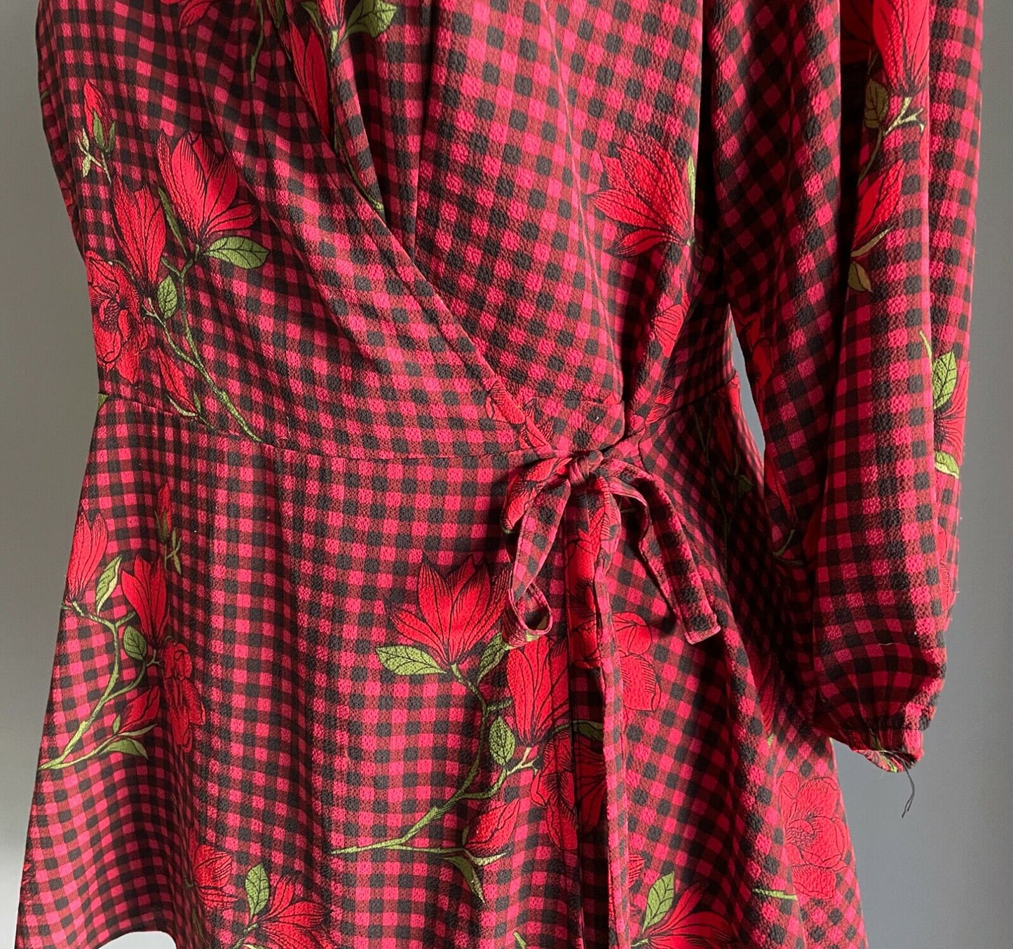 CITY CHIC Top Red Black Green Check Floral Side Tie Blouse Plus Size S 18 20