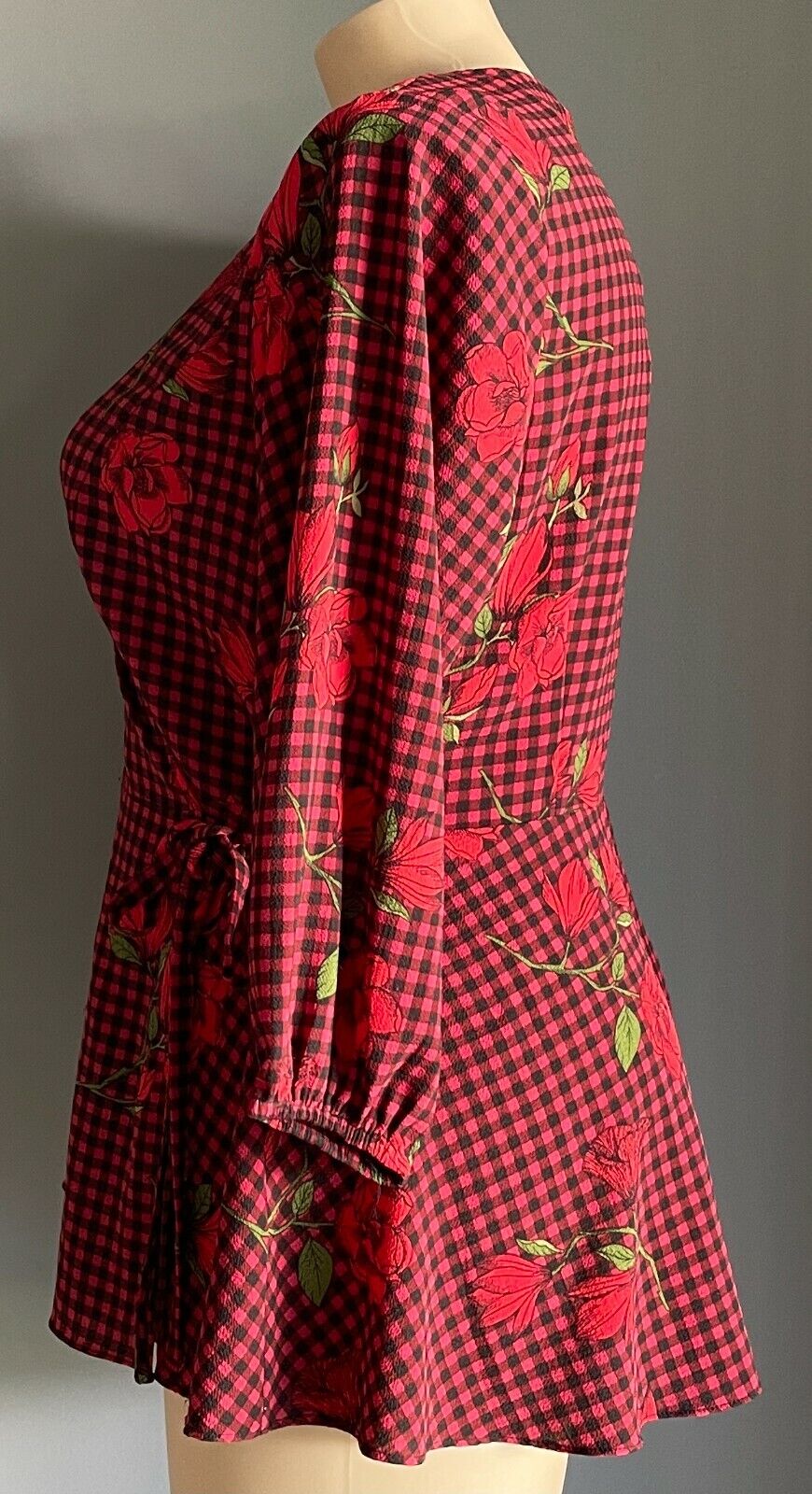 CITY CHIC Top Red Black Green Check Floral Side Tie Blouse Plus Size S 18 20