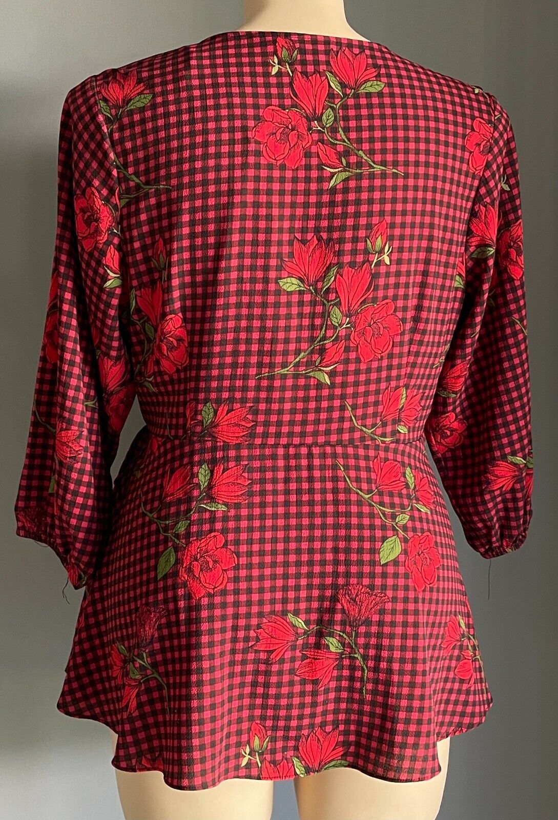 CITY CHIC Top Red Black Green Check Floral Side Tie Blouse Plus Size S 18 20