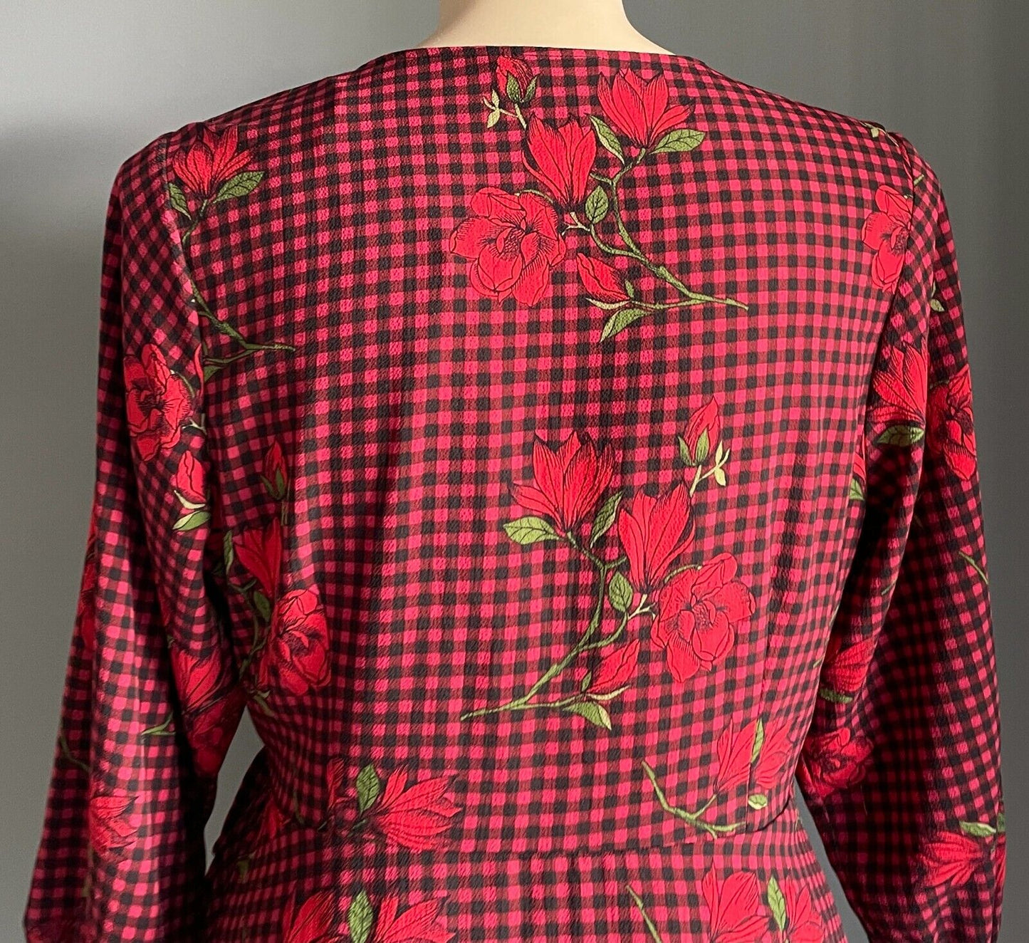 CITY CHIC Top Red Black Green Check Floral Side Tie Blouse Plus Size S 18 20