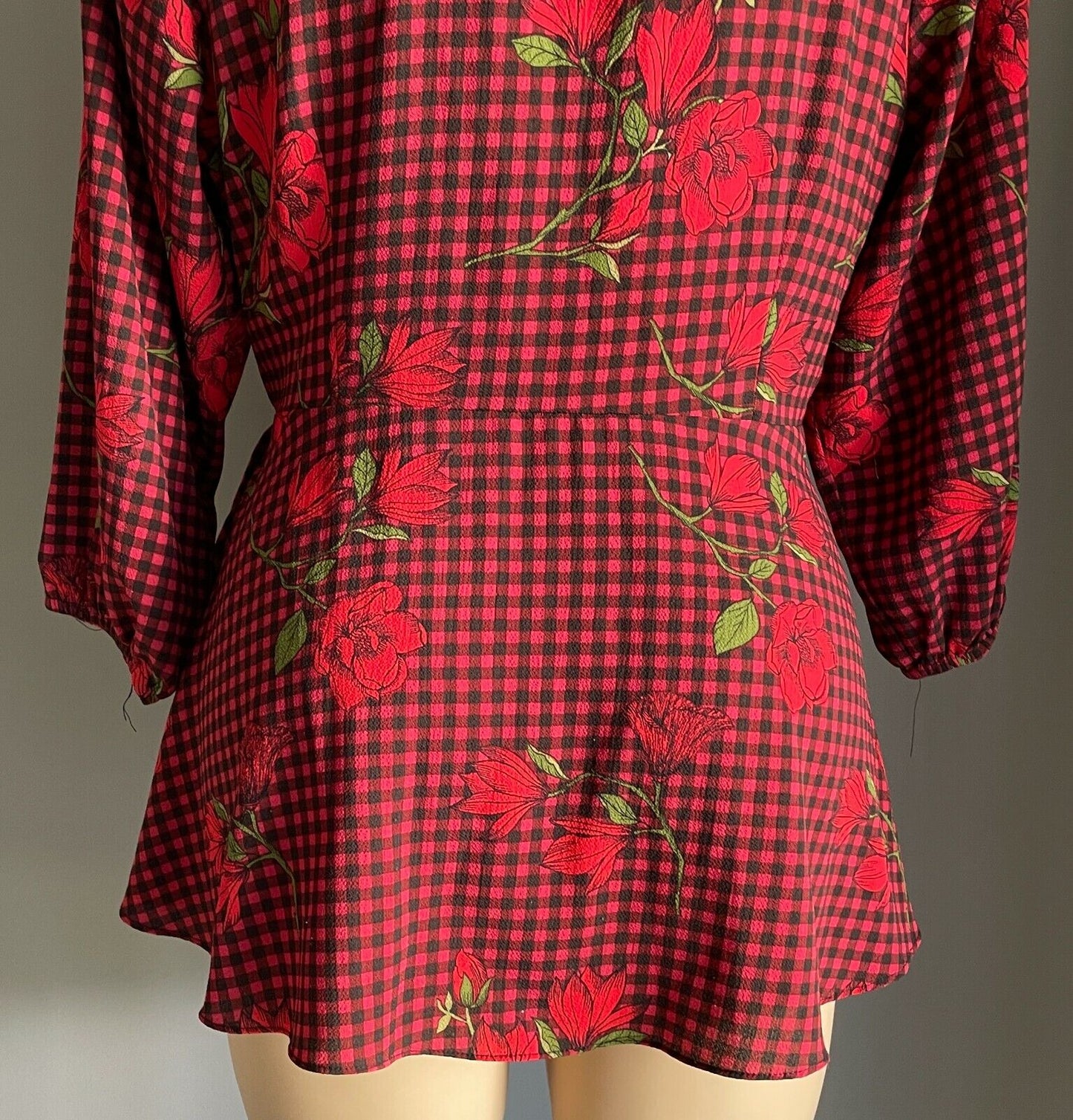 CITY CHIC Top Red Black Green Check Floral Side Tie Blouse Plus Size S 18 20