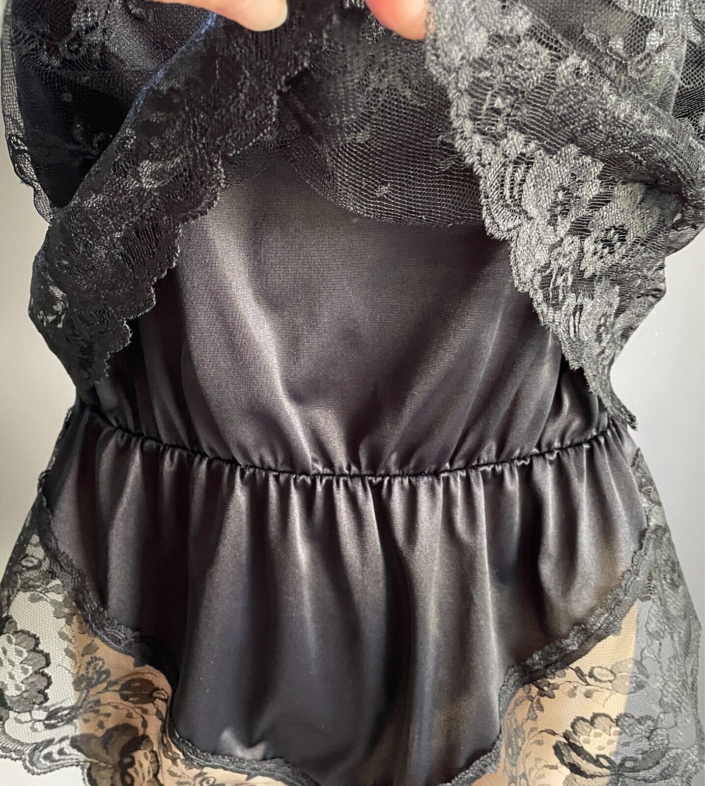 REGINE Teddy Black Lace Body Suit Lace Overlay Thin Double Strap Vintage S1ze 14
