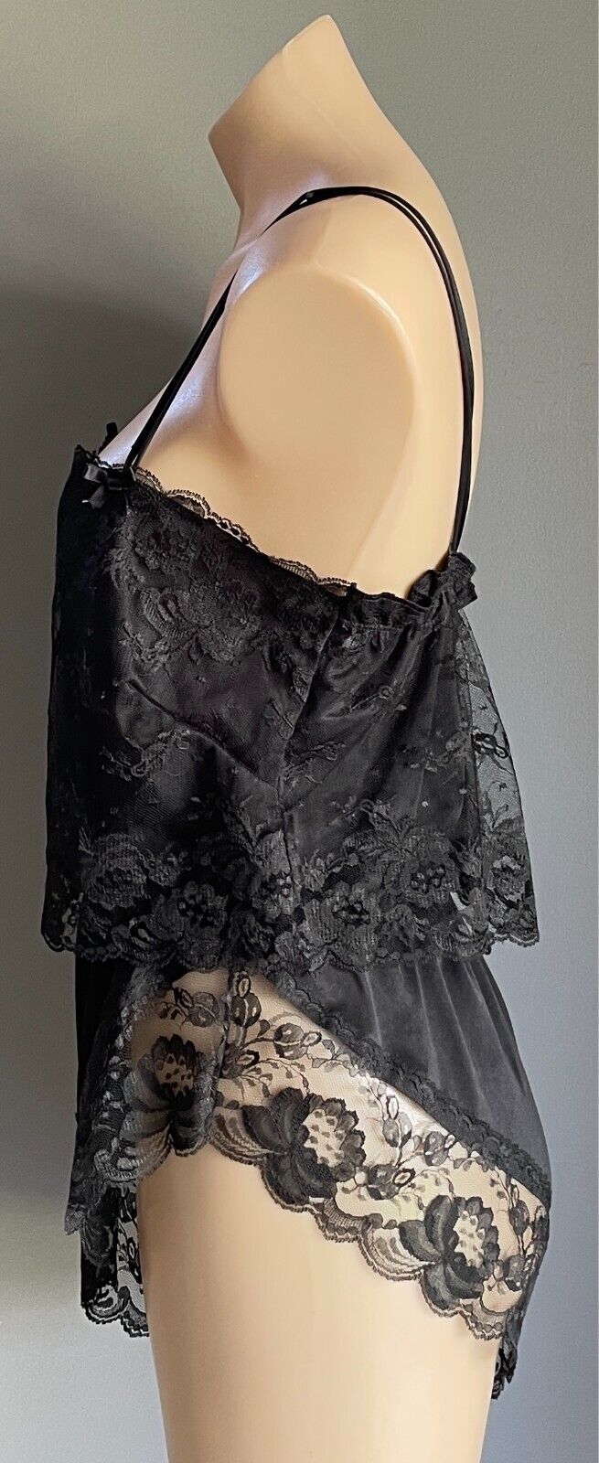 REGINE Teddy Black Lace Body Suit Lace Overlay Thin Double Strap Vintage S1ze 14