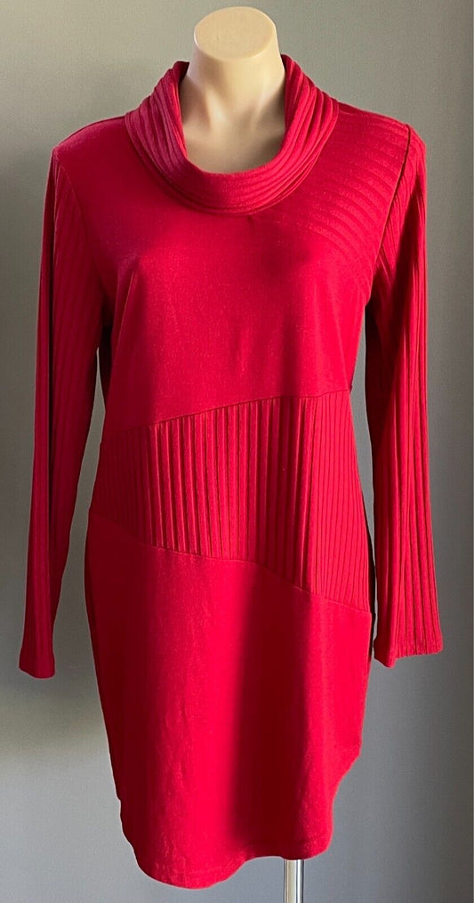 GEOFF BADE Stretch Knit Shift Dress Long Top Size 14 Turtleneck Asymmetric Hem