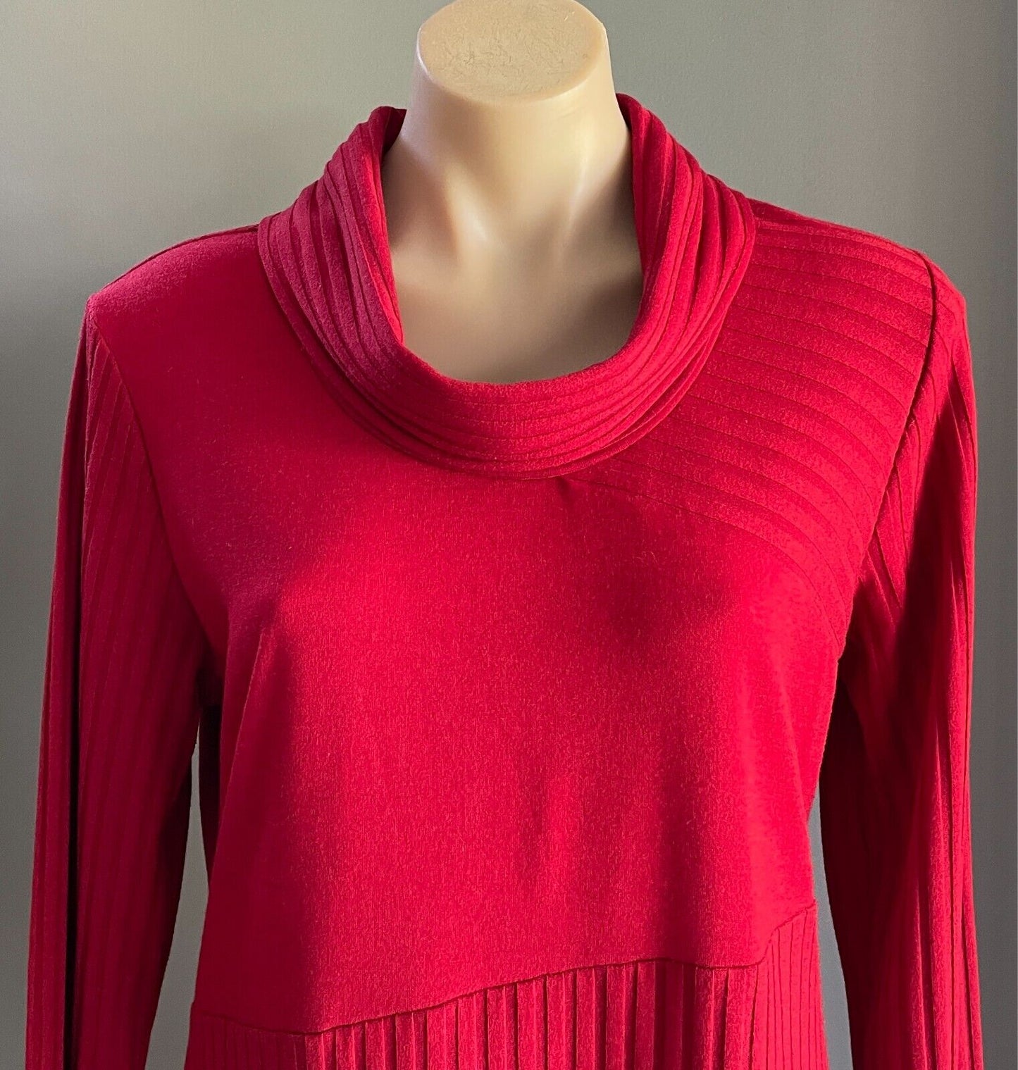 GEOFF BADE Stretch Knit Shift Dress Long Top Size 14 Turtleneck Asymmetric Hem