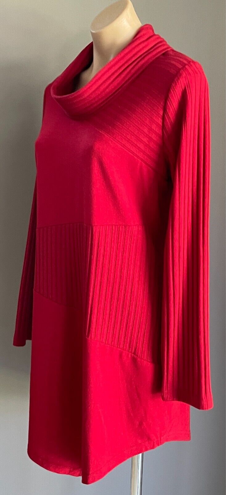 GEOFF BADE Stretch Knit Shift Dress Long Top Size 14 Turtleneck Asymmetric Hem